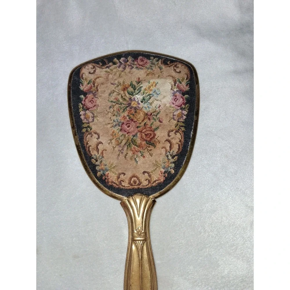 Vintage Floral Petit Point Hand Mirror Brass Tone Vanity Mirror 13.25